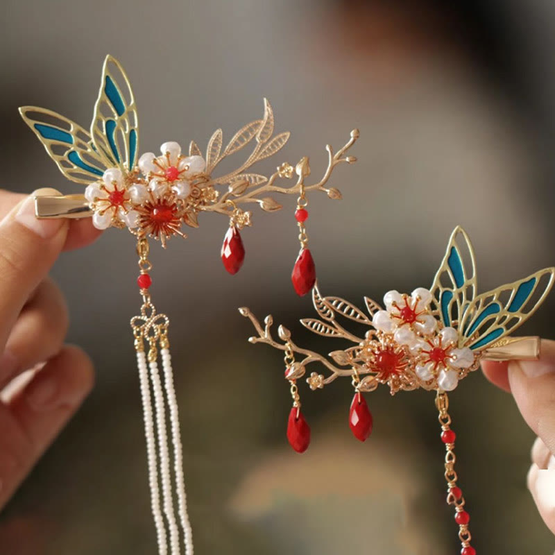 Nimara Ritual Classical Chinese Style Flower Branche Butterfly Pearl Tassel Hair Clip Hair Comb Hair Crown