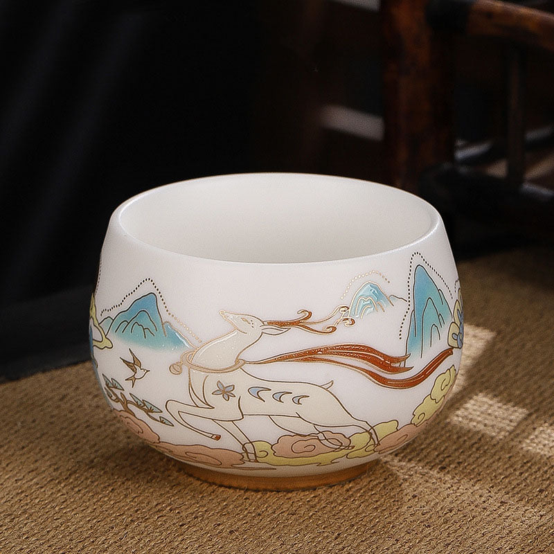 Nimara Ritual Dragon Cicada Bamboo Deer Crane Lotus Plum Flower Ceramic Teacup Kung Fu Tea Cup Bowl 185ml
