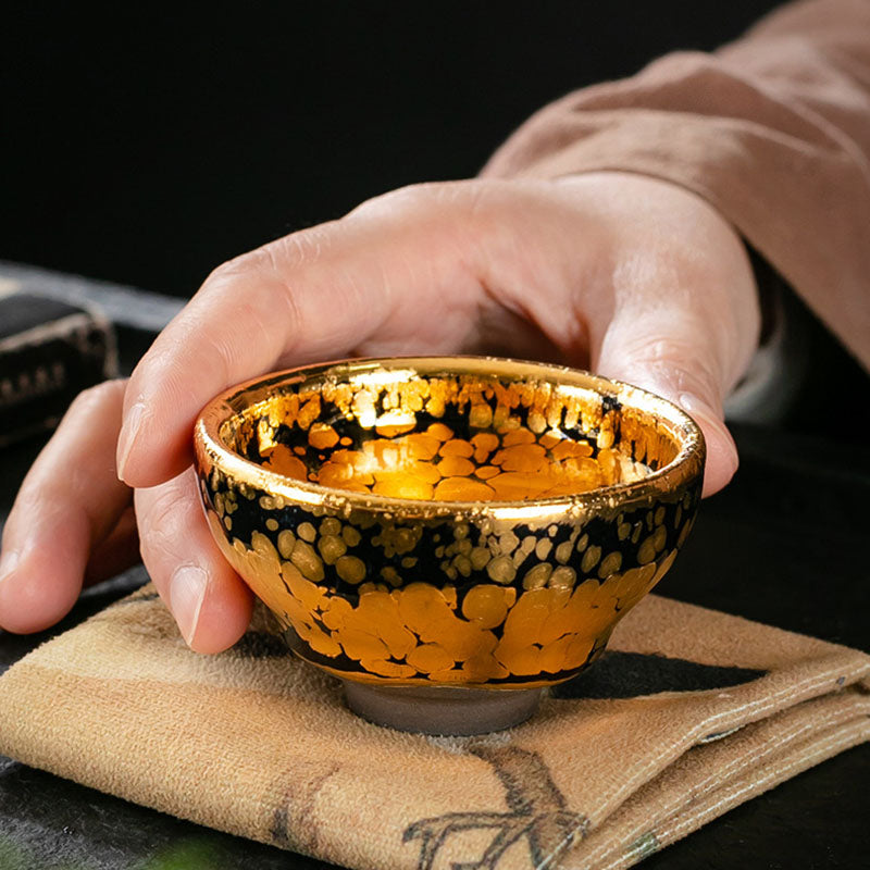 Nimara Ritual 24K Gold Spot Pattern Chinese Jianzhan Ceramic Teacup Kung Fu Tea Cup Bowl With Gift Box