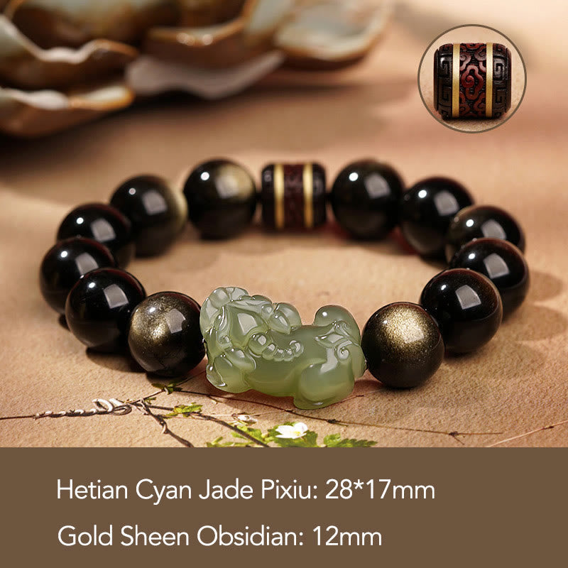 Nimara Ritual Natural Gold Sheen Obsidian Hetian Cyan Jade White Jade PiXiu Wealth Bracelet