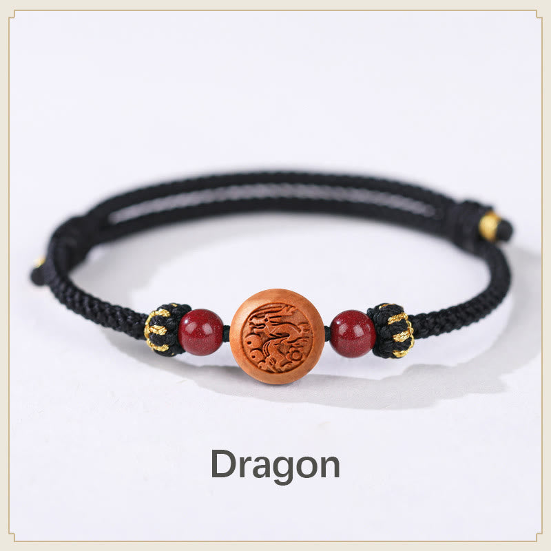 Nimara Ritual Natural Peach Wood Chinese Zodiac Fu Character Carved Cinnabar Wealth Bracelet