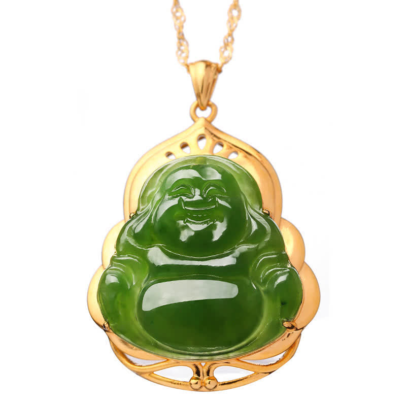 Nimara Ritual 925 Sterling Silver Natural Hetian Cyan Jade Laughing Buddha 18K Gold Healing Necklace Chain Pendant