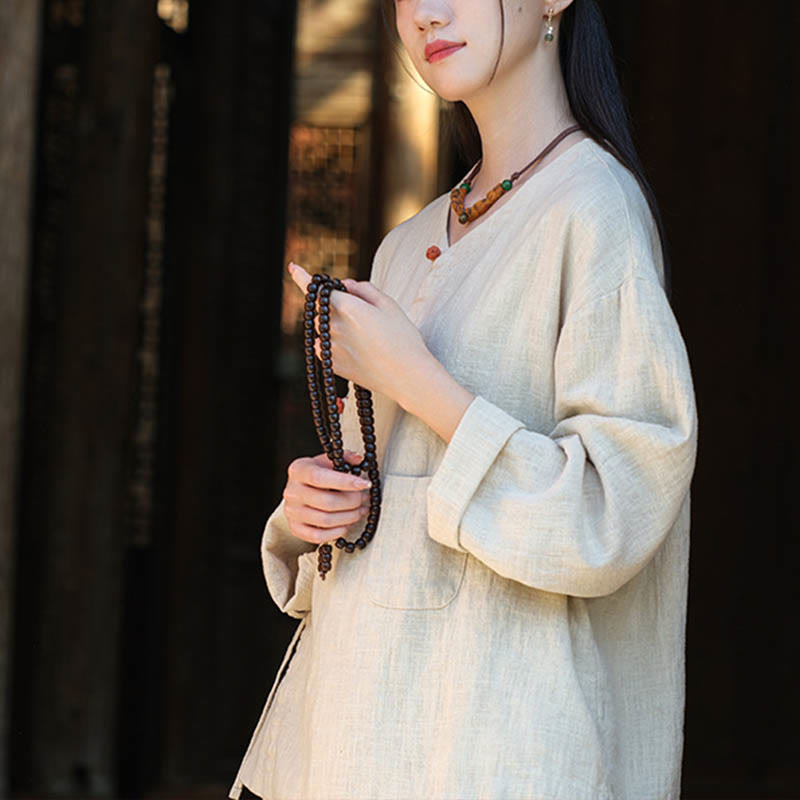 Nimara Ritual Solid Color Ramie Linen Loose Blouse Long Sleeve Shirt Chinese Hanfu Top