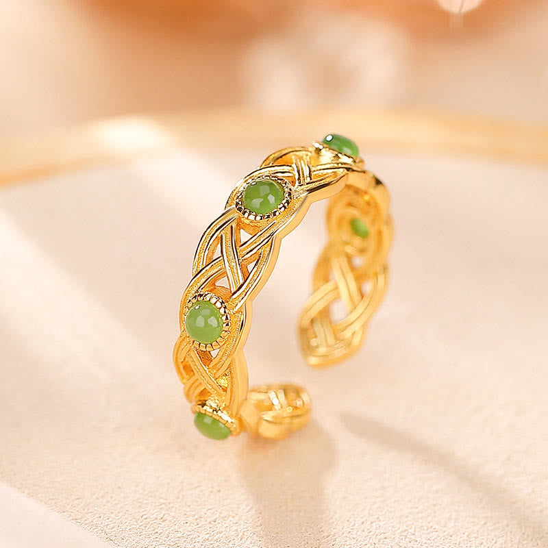 Nimara Ritual 925 Sterling Silver Plated Gold Cyan Jade Braided Design Success Luck Adjustable Ring