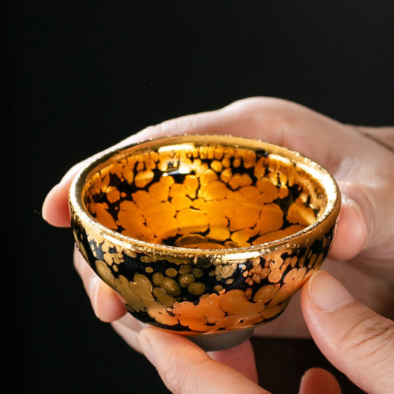Nimara Ritual 24K Gold Spot Pattern Chinese Jianzhan Ceramic Teacup Kung Fu Tea Cup Bowl With Gift Box
