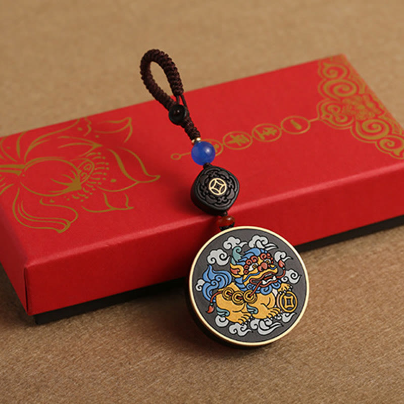 Nimara Ritual PiXiu Copper Coin Ebony Wood Luck Attract Wealth Key Chain Decoration