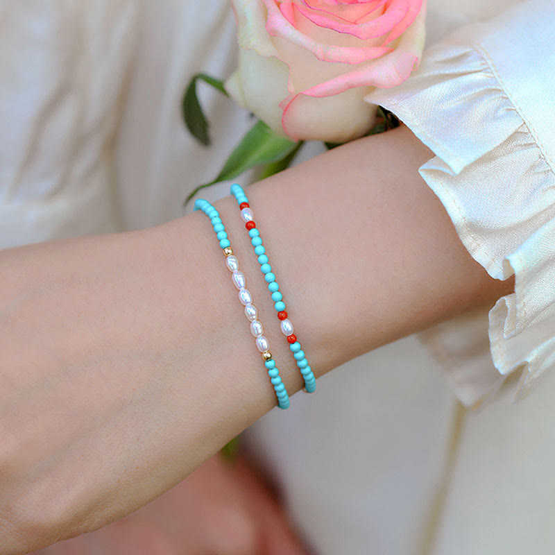 Nimara Ritual Turquoise Red Agate Pearl Small Beaded Protection Bracelet