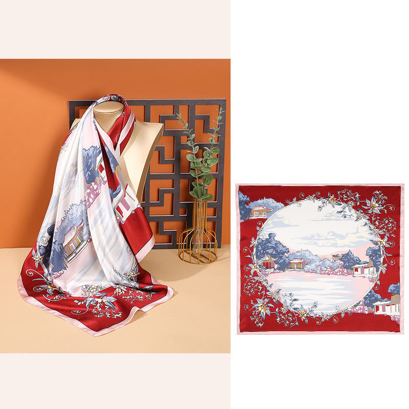 Nimara Ritual Pastoral Scene Hot Air Balloon Spring Blossom 100% Mulberry Silk Neck Hair Scarf