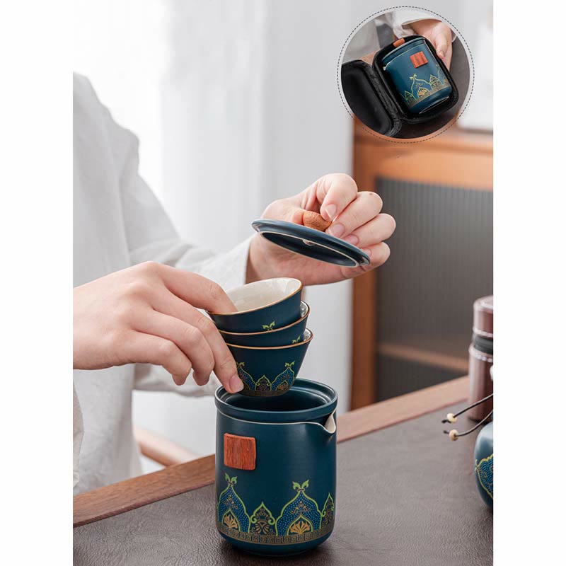 Nimara Ritual Flower Chinese Gongfu Ceramic Teapot Portable Outdoor Travel Tea Set Bag