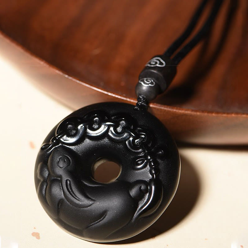 Nimara Ritual Chinese Zodiac Natural Black Obsidian Peace Buckle Strength Necklace Pendant