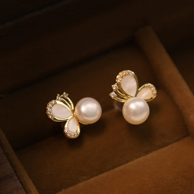 Nimara Ritual 925 Sterling Silver Posts 18K Gold Plated Copper Natural Pearl Butterfly Zircon Healing Stud Earrings
