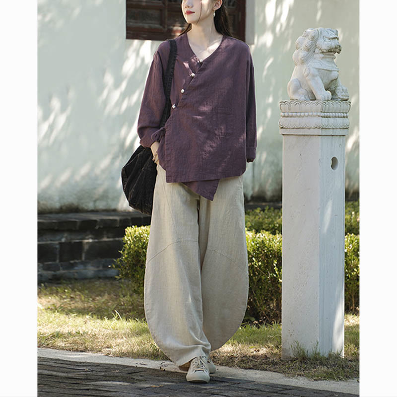 Nimara Ritual Solid Color Ramie Linen Loose Blouse Long Sleeve Shirt Chinese Hanfu Top