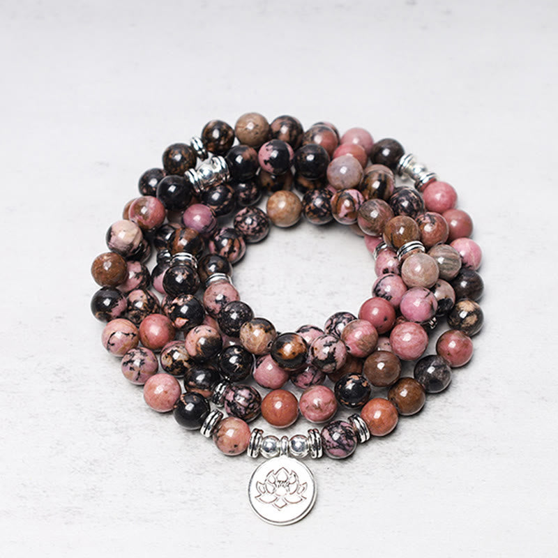 Nimara Ritual 108 Mala Beads Rhodonite Lotus Compassion Energy Bracelet