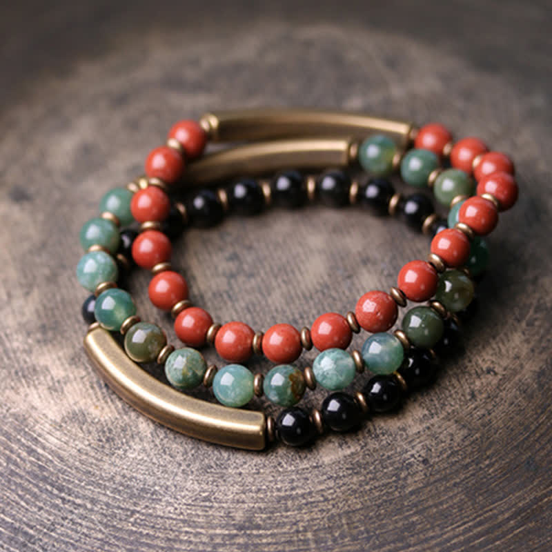 Nimara Ritual Red Jasper Moss Agate Black Obsidian Crystal Copper Peace Couple Bracelet