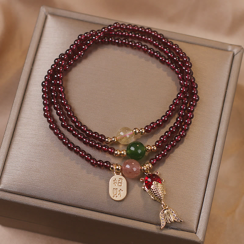 Nimara Ritual Natural Garnet Strawberry Quartz Crystal Fox Koi Fish Peace Buckle Fortune Protection Triple Wrap Bracelet