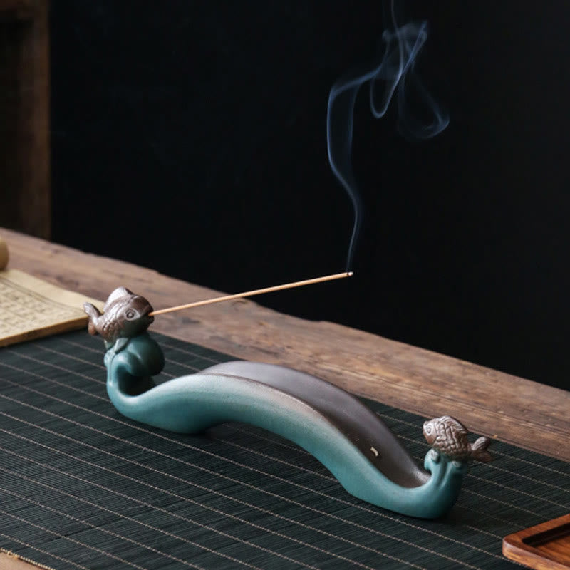 Nimara Ritual Double Koi Fish Mountain Healing Ceramic Stick Incense Burner Decoration