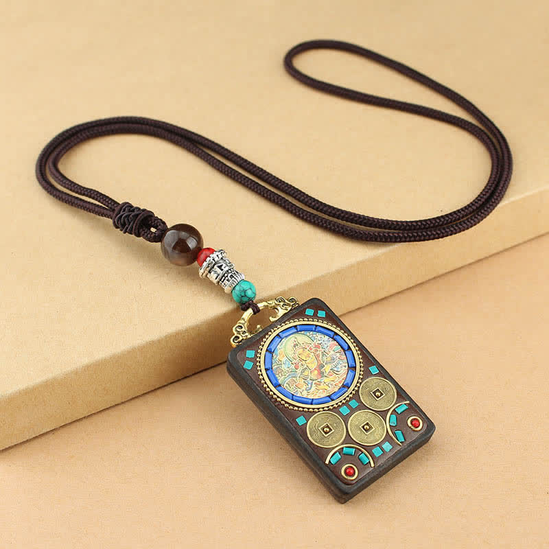 Nimara Ritual Tibet God of Wealth Thangka Ebony Peace Necklace Pendant
