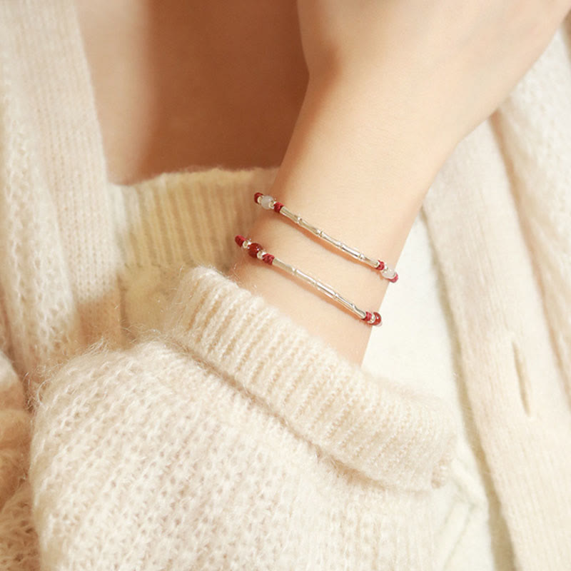 Nimara Ritual 925 Sterling Silver Bamboo White Agate Red Agate Bead Protection String Braided Bracelet