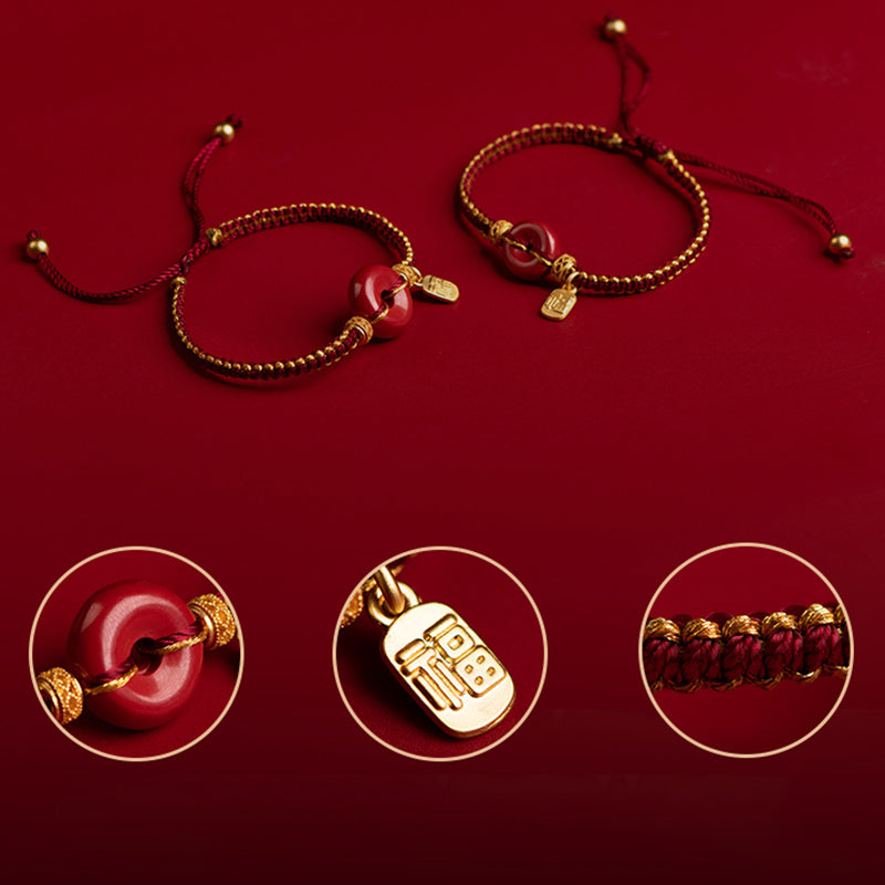 Nimara Ritual Natural Cinnabar Peace Buckle Fu Character Charm Blessing Braided Bracelet
