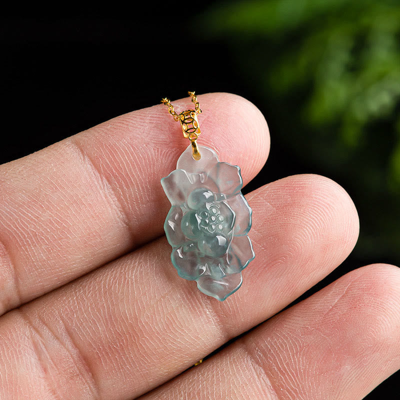 Nimara Ritual Natural Jade Lotus Pattern Prosperity Titanium Steel Chain Necklace Pendant