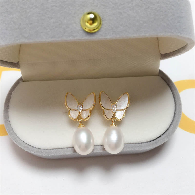 Nimara Ritual 925 Sterling Silver Posts 18K Gold Plated Copper Pearl Butterfly Optimism Stud Earrings