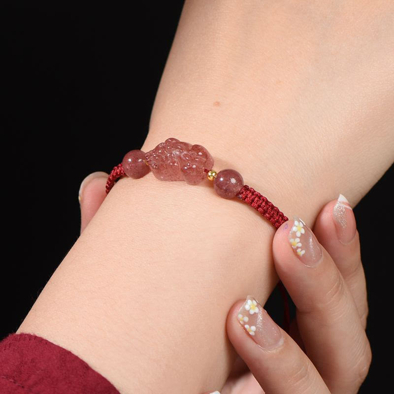 Nimara Ritual Natural Strawberry Quartz PiXiu Lucky Red String Bracelet
