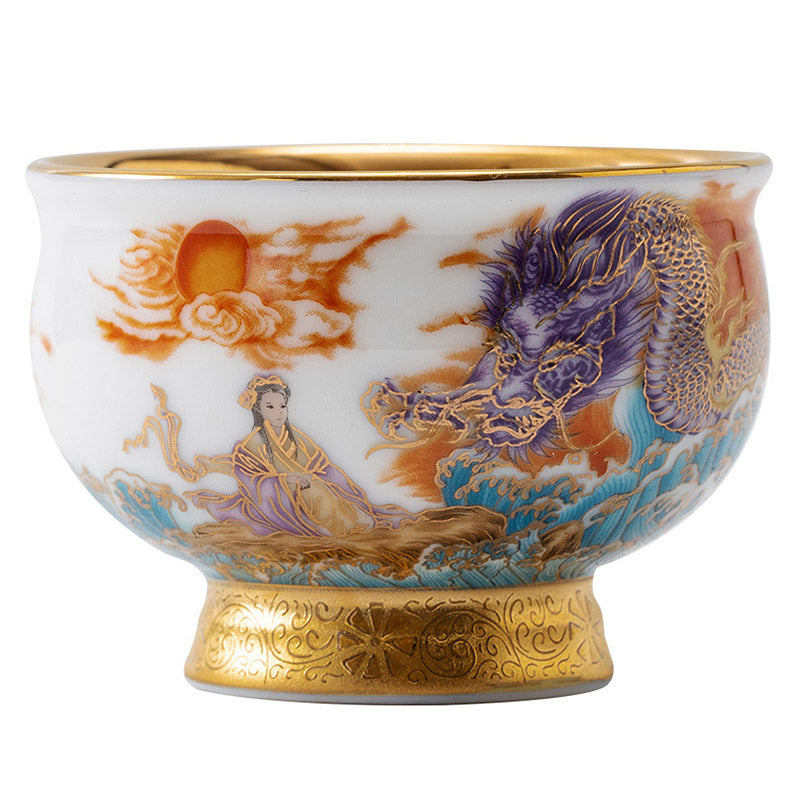 Nimara Ritual Golden Eagle Auspicious Dragon Sun Ocean Waves Gilt Ceramic Teacup Kung Fu Tea Cup