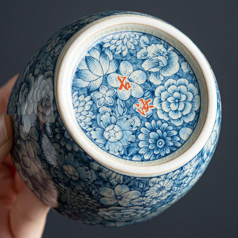 Nimara Ritual Blue Lotus Peach Blossom Chrysanthemum Design Ceramic Teacup Kung Fu Tea Cups