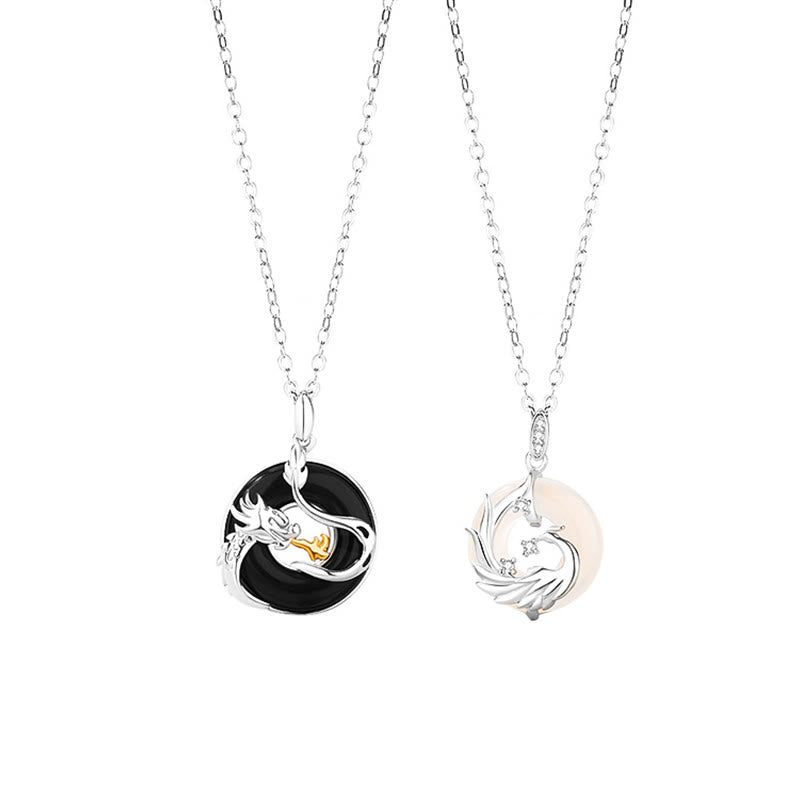 Nimara Ritual 925 Sterling Silver Year of the Dragon Natural Black Onyx Chalcedony Dragon Phoenix Peace Buckle Protection Necklace Pendant