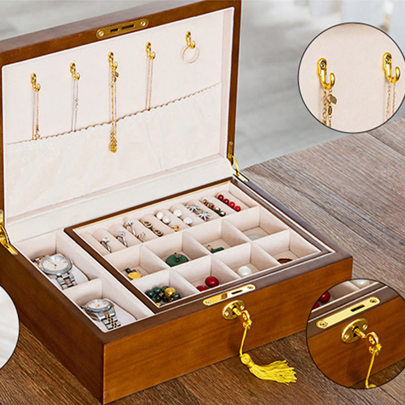 Nimara Ritual Vintage Wooden Jewelry Box Two-Layer Solid Wood Jewelry Storage Box