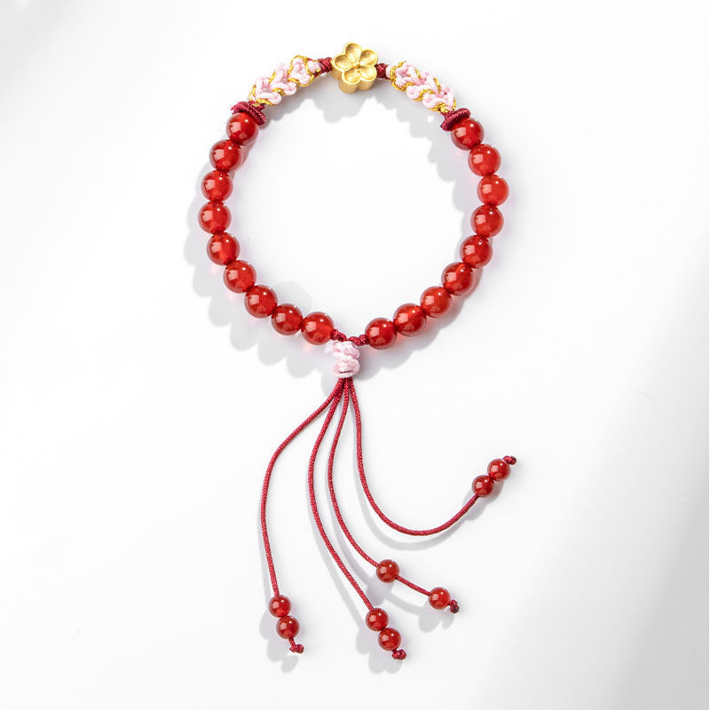 Nimara Ritual 999 Sterling Silver Natural Red Agate Pink Crystal Cherry blossom Bracelet