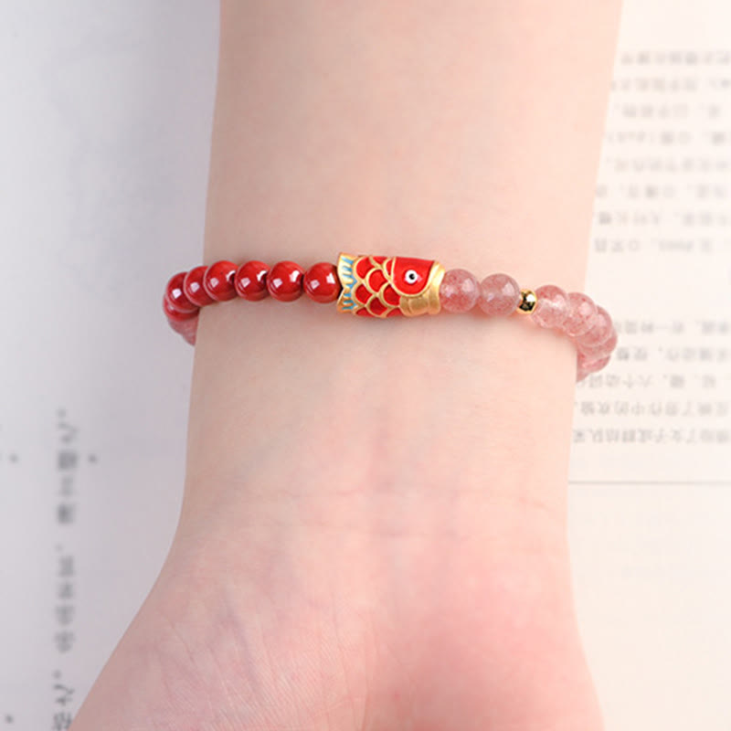 Nimara Ritual Natural Strawberry Quartz Cinnabar Lucky Koi Fish Healing Bracelet