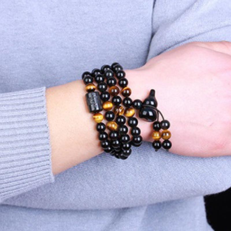 Nimara Ritual Natural Black Obsidian Rainbow Obsidian Gourd Blessing Bracelet Mala