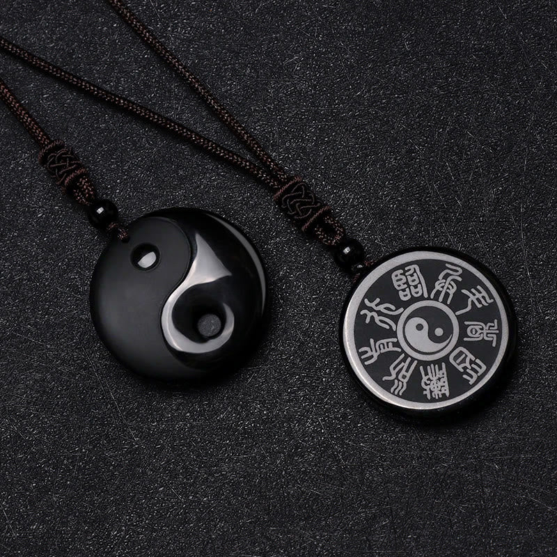 Nimara Ritual Black Obsidian Taoism Five Sacred Mountains Nine-Character Mantra Carved Purification Yin Yang Necklace Pendant