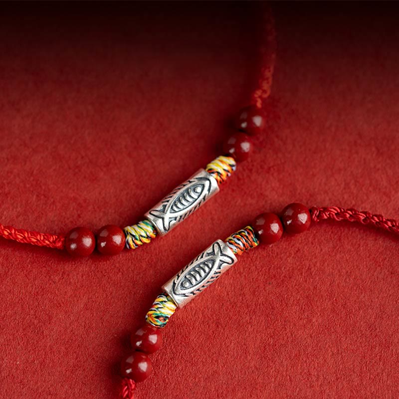 Nimara Ritual 925 Sterling Silver Koi Fish Cinnabar Bead Wealth Handcrafted Braided Bracelet Anklet