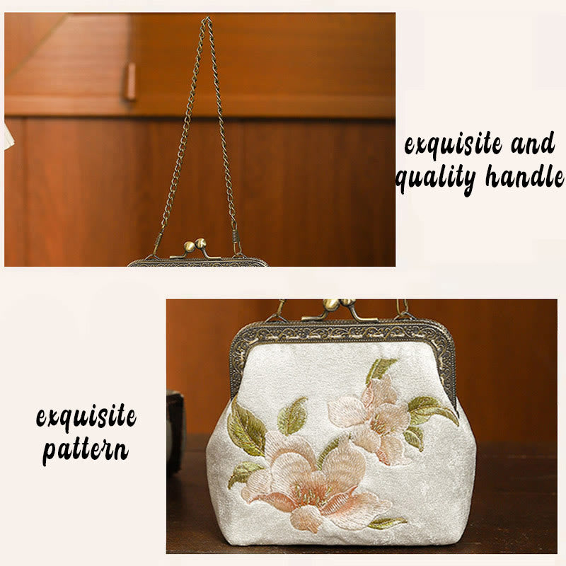 Nimara Ritual Orchids Oriental Cherry Butterfly Embroidery Metal Handle Handbag