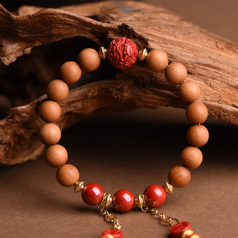 Nimara Ritual Tibetan Natural Peach Wood Cinnabar PiXiu Wealth Tassels Bracelet