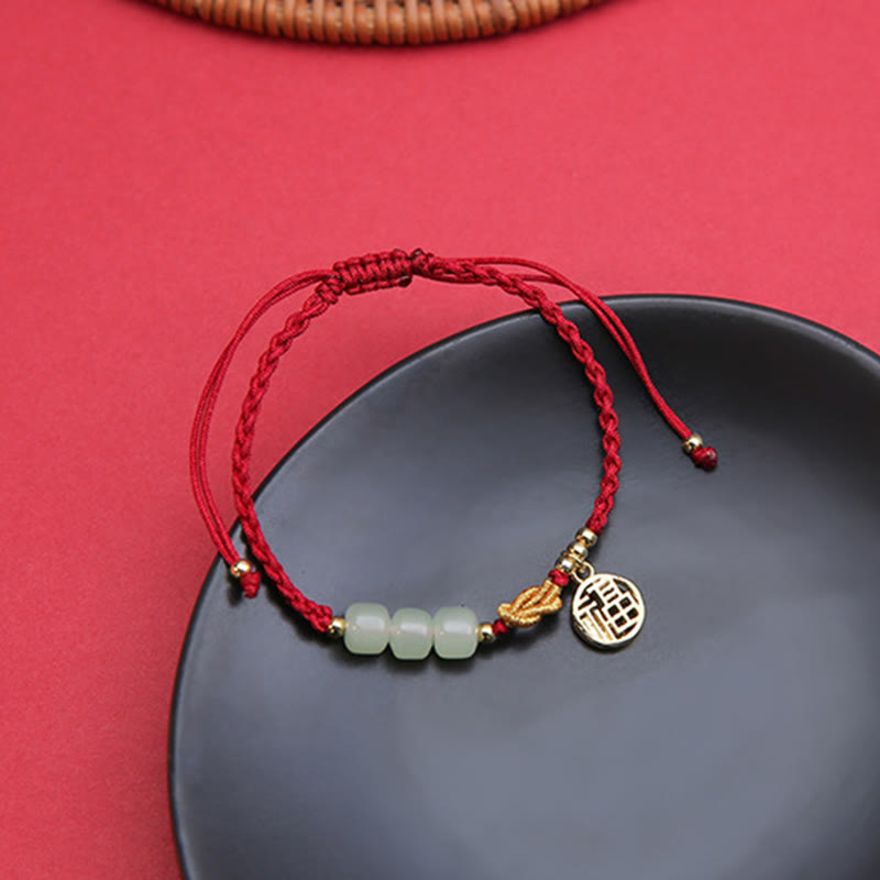 Nimara Ritual Handcrafted Jade Bead Fu Character Charm Luck Red Rope Bracelet