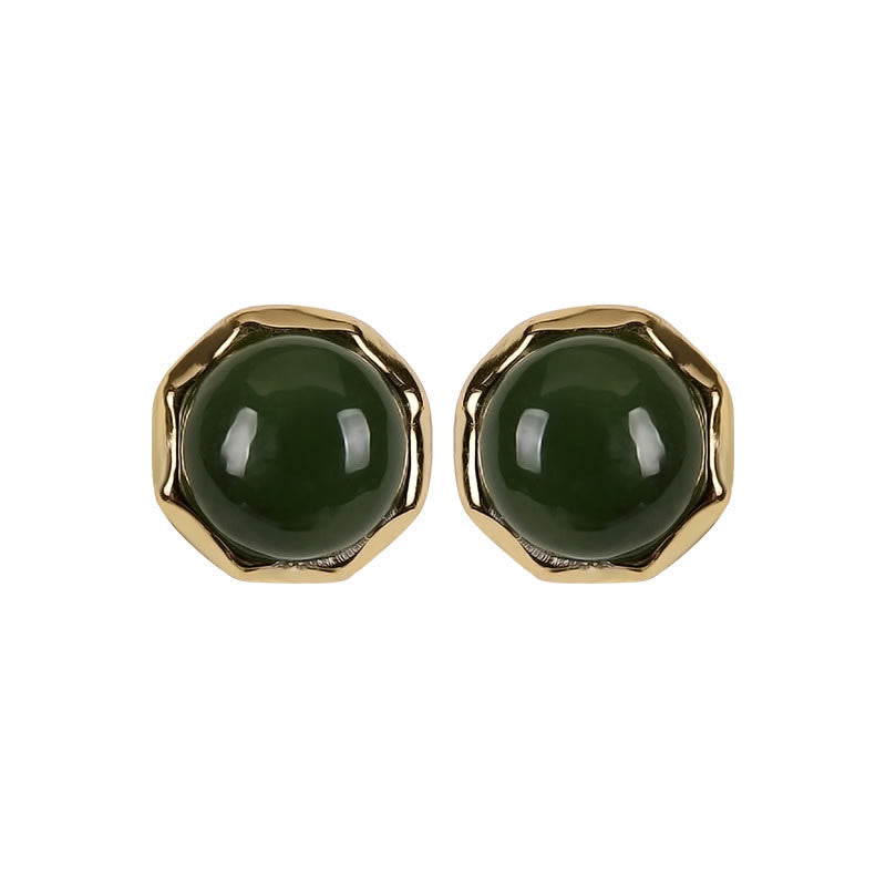 Nimara Ritual 925 Sterling Silver Plated Gold Natural Hetian Cyan Jade Bead Luck Stud Earrings