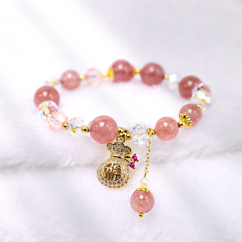 Nimara Ritual Natural Strawberry Quartz Crystal Money Bag Charm Positive Bracelet