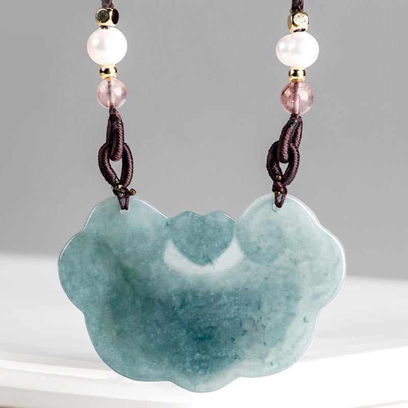 Nimara Ritual Natural Jade Peony Flower Lock of Good Wishes Prosperity Necklace Pendant
