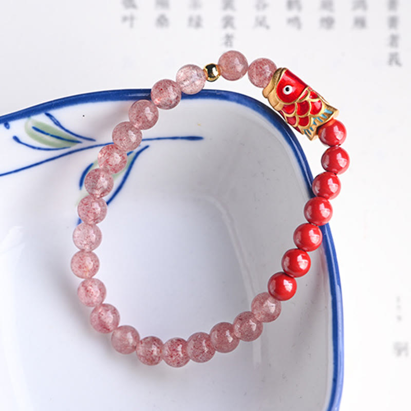 Nimara Ritual Natural Strawberry Quartz Cinnabar Lucky Koi Fish Healing Bracelet
