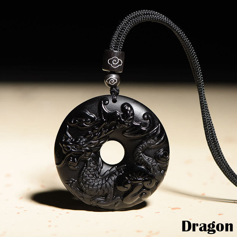 Nimara Ritual Chinese Zodiac Natural Black Obsidian Peace Buckle Strength Necklace Pendant