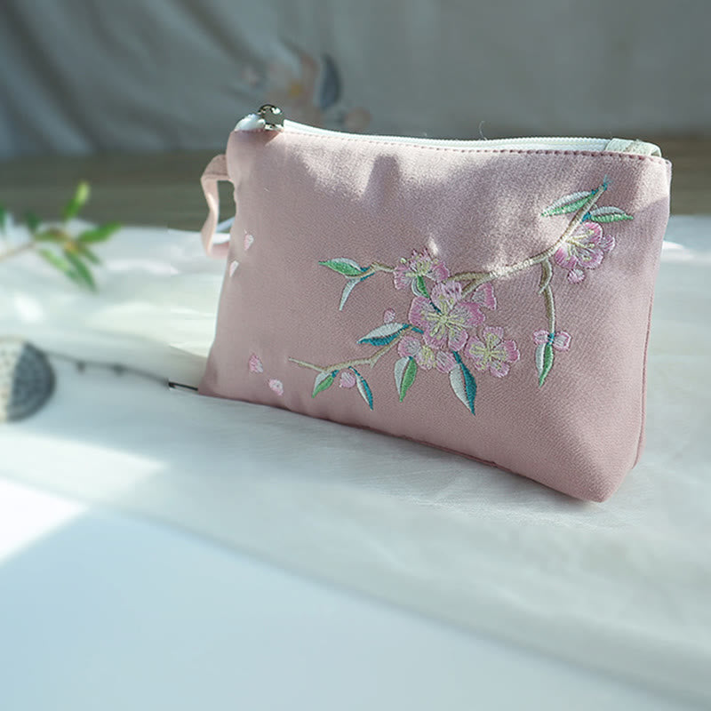Nimara Ritual Small Flower Plum Cherry Crane Peach Blossom Embroidery Canvas Wallet Shopping Purse