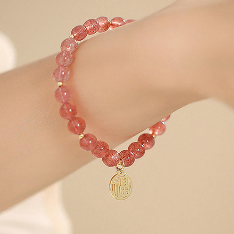 Nimara Ritual 14K Gold Plated Strawberry Quartz Fu Character Healing Charm Bracelet