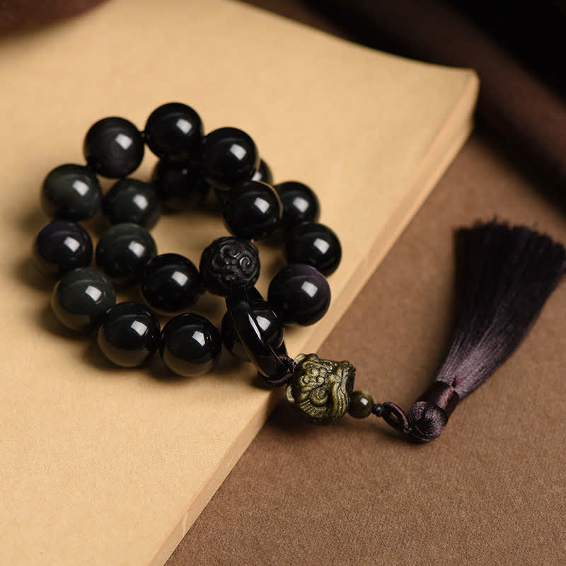 Nimara Ritual Natural Black Obsidian Lion Wrist Mala Protection Tassels Pocket Mala Car Decoration