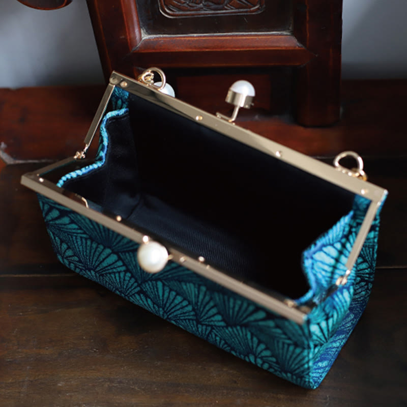 Nimara Ritual Vintage Peacock Blue Leaf Pattern Pearl Metal Handbag