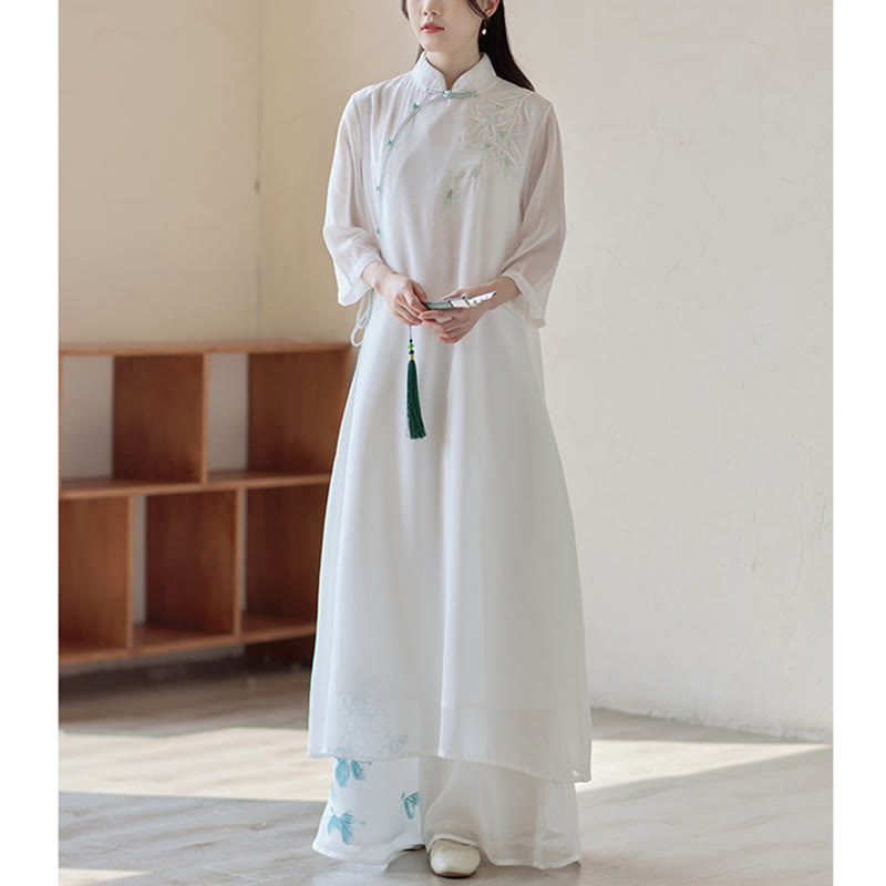 Nimara Ritual Bamboo Cheongsam Dress Midi Dress Wide Leg Pants Meditation Spiritual Zen Practice Clothing