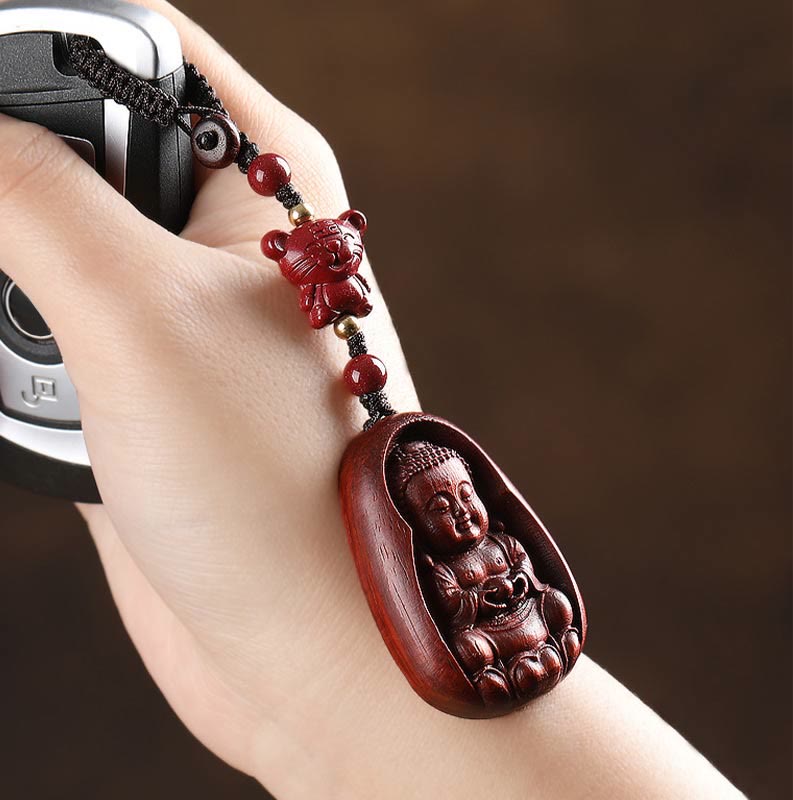 Nimara Ritual Small Leaf Red Sandalwood Buddha Cinnabar Chinese Zodiac Amulet Protection Key Chain