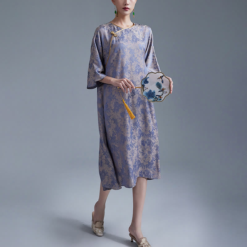 Nimara Ritual Small Flower Leaf Jacquard Chinese Cheongsam Qipao Midi Dress With Pockets